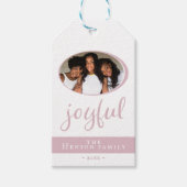 Joyful Blush Pink Kerstfeestdag Foto Cadeaulabel (Voorkant)