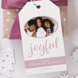 Joyful Blush Pink Kerstfeestdag Foto Cadeaulabel