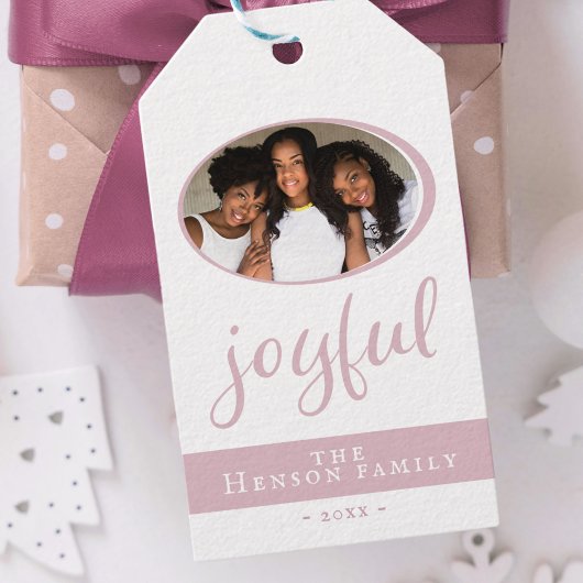 Joyful Blush Pink Kerstfeestdag Foto Cadeaulabel