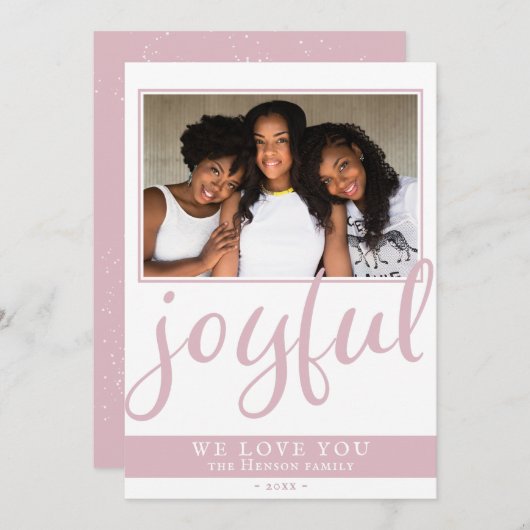 Joyful Blush Pink Script Moderne kerstfoto Feestdagenkaart (Voorkant / Achterkant)