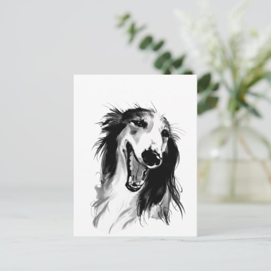 Joyful Borzoi: Whimsical Ink Painting Briefkaart (Staand voorkant)