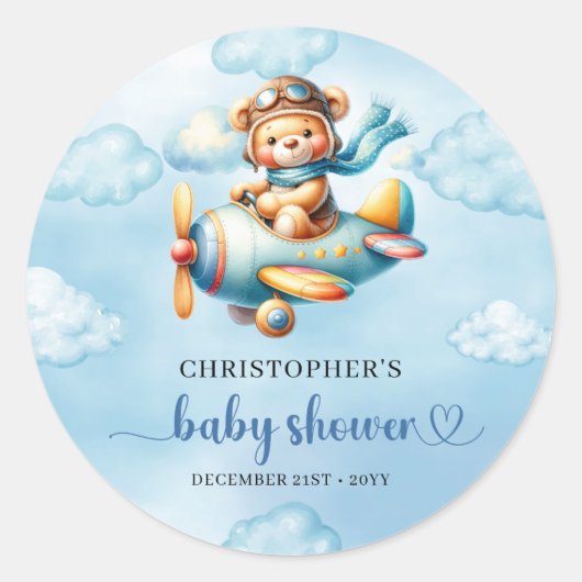Joyful Boy Shower Pilot Bear Blue Party Sticker (Voorkant)