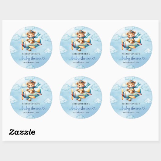 Joyful Boy Shower Pilot Bear Blue Party Sticker (Vel)