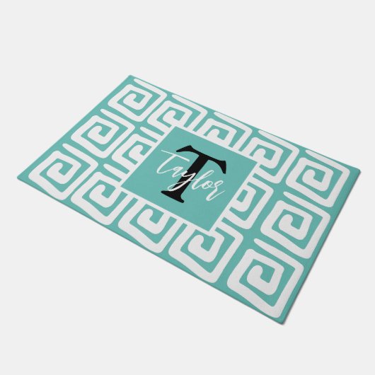 Joyful bright blue and white monogram greek key deurmat (Schuin)