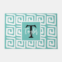 Joyful bright blue and white monogram greek key deurmat
