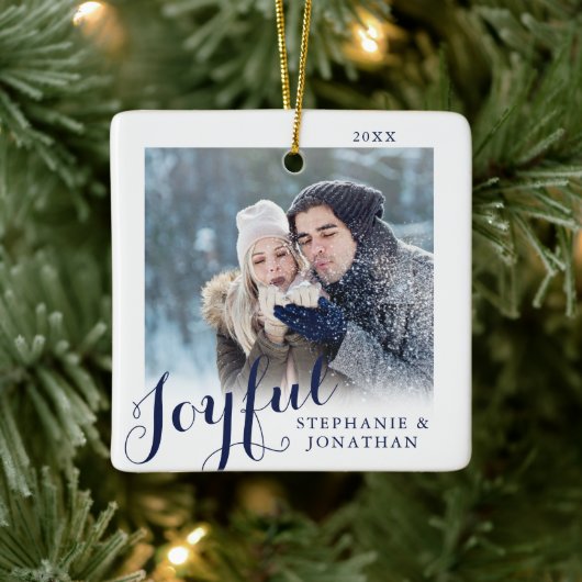 Joyful Calligraphy Elegant Photo Kerstmis Keramisch Ornament (Boom)