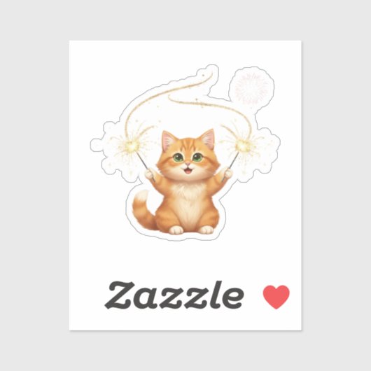 Joyful Cat Waving Sparklers New Year Party Sticker (Vel)