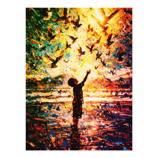 Joyful Child Playing with Birds Sunrise Water Foto Afdruk (Voorkant)