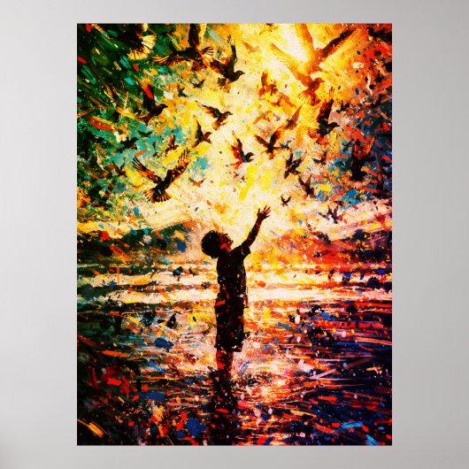 Joyful Child Playing with Birds Sunrise Water Poster (Voorkant)