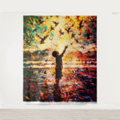 Joyful Child Playing with Birds Sunrise Water Wandkleed (Voorkant)