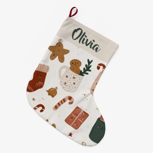 Joyful Christmas Pattern Custom Name Stocking Grote Kerstsok (Voorkant (Hangend))