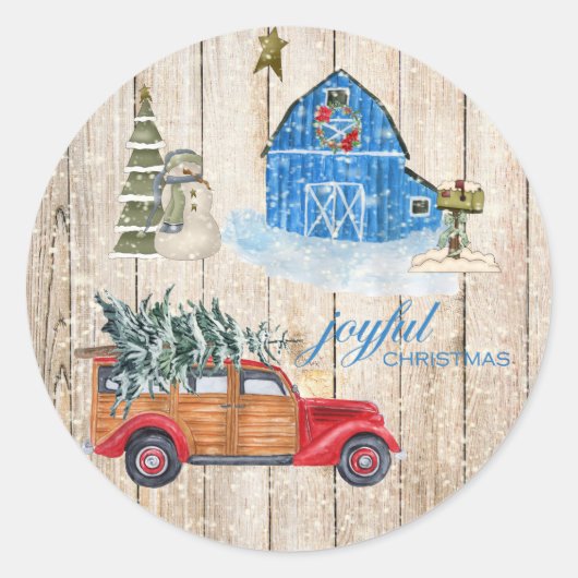 JOYFUL CHRISTMAS - Rustieke landelijke vakantiesce Ronde Sticker (Voorkant)