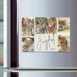 Joyful Christmas Vijf Foto's Magnetische Kaart<br><div class="desc">Multi-foto Kerstvakantie MAGNETISCHE kaarten voorzien van uw familienaam en het woord Joyful in chique belettering op een gebroken witte achtergrond. MEER DESIGN en kleuren in ons collectie.</div>
