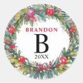 Joyful Christmas Waterverf krans naam Monogram Ronde Sticker (Voorkant)
