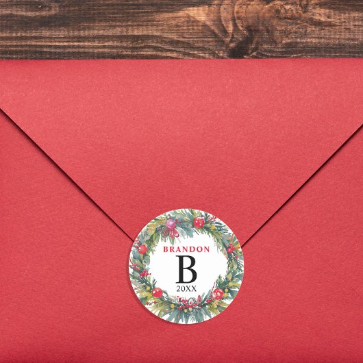 Joyful Christmas Waterverf krans naam Monogram Ronde Sticker