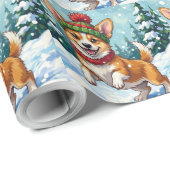 Joyful Corgi Dog Bouncing in Snow with Pom Pom Cadeaupapier (Rol Hoek)