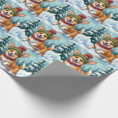 Joyful Corgi Dog Bouncing in Snow with Pom Pom Cadeaupapier (Hoek)