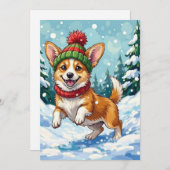 Joyful Corgi Dog Bouncing in Snow with Pom Pom Feestdagenkaart (Voorkant / Achterkant)
