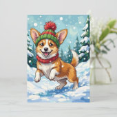 Joyful Corgi Dog Bouncing in Snow with Pom Pom Feestdagenkaart (Staand voorkant)