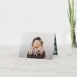 Joyful de tekst van het fotomanuscript en tartan f notitiekaartje