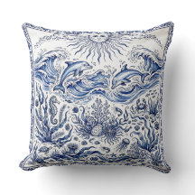 Joyful Dolphins Fantasy Sea Delft Style Blue White