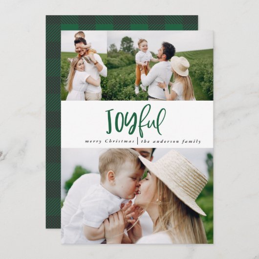 Joyful drie fotoscript tartan family vakantie feestdagenkaart (Voorkant / Achterkant)