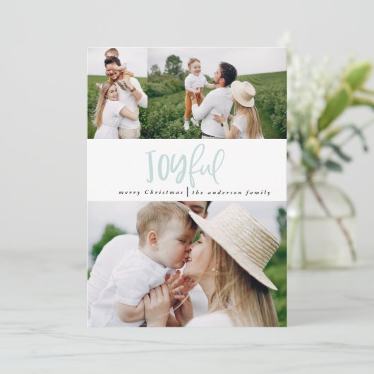 Joyful drie tekst van het fotomanuscript en tartan feestdagenkaart (Staand voorkant)