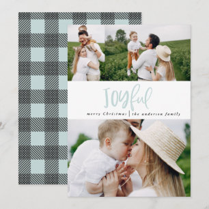 Joyful drie tekst van het fotomanuscript en tartan feestdagenkaart