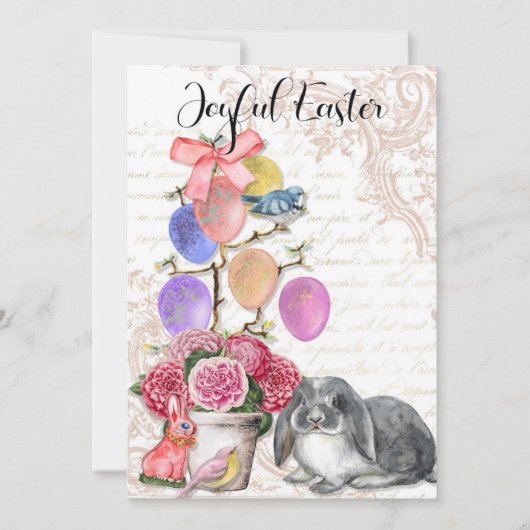 Joyful Easter, Franse Bunny Rabbit, Shabby Chic Feestdagenkaart (Voorkant)