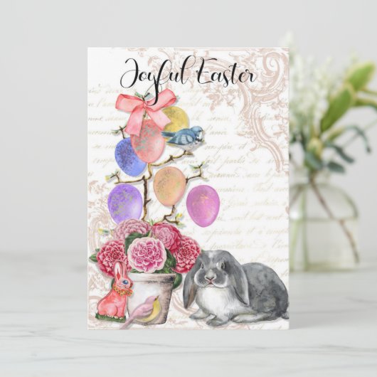 Joyful Easter, Franse Bunny Rabbit, Shabby Chic Feestdagenkaart (Staand voorkant)