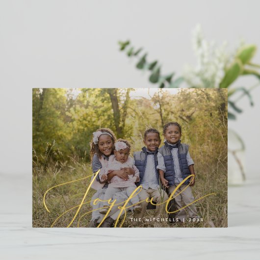 Joyful Elegant Calligraphy Overlay Photo Folie Feestdagenkaart (Staand Voorkant)