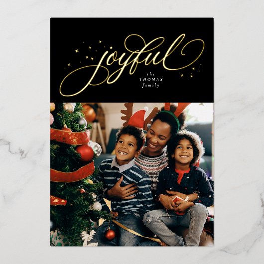 Joyful elegant foto zwarte kerst folie feestdagenkaart (Voorkant)