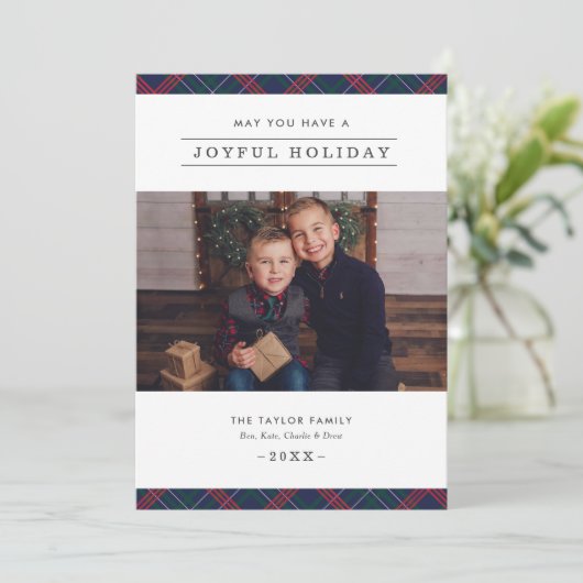 Joyful Elegant Navy Red Green Tartan Foto Feestdagenkaart (Staand voorkant)