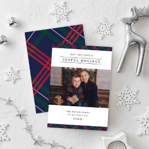 Joyful Elegant Navy Red Green Tartan Foto Feestdagenkaart