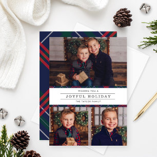 Joyful Elegant Navy Tartan Pset Foto Collage Feestdagenkaart