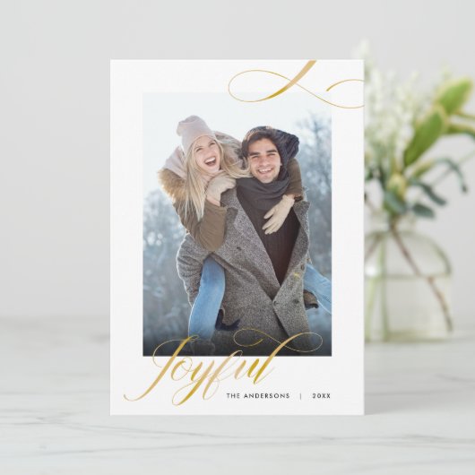 Joyful Elegant Script Photo met Kerstmis Feestdagenkaart (Staand voorkant)