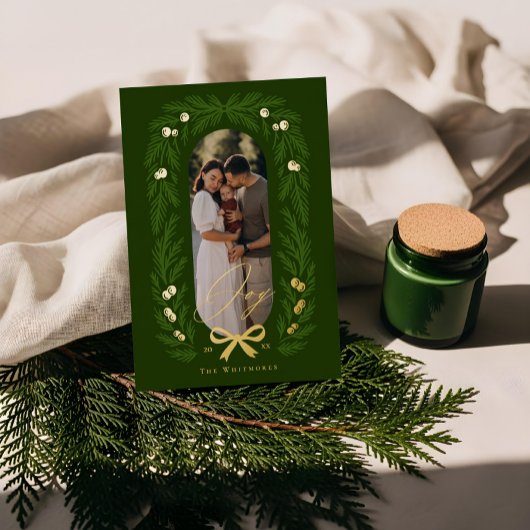 Joyful Elegant Winter Pine Tree Wreath Photo Frame Folie Feestdagenkaart