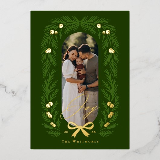 Joyful Elegant Winter Pine Tree Wreath Photo Frame Folie Feestdagenkaart (Voorkant)