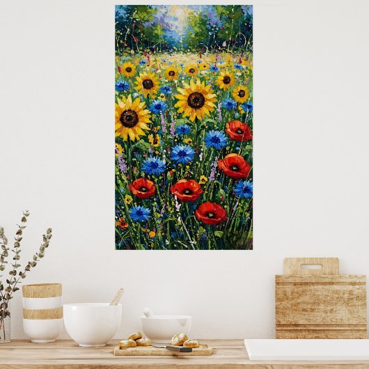 Joyful Expressionist Vibrant Wildflower Sunflower Poster (Keuken)