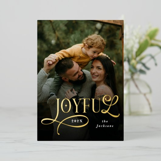 Joyful Family 2 Photo Christmas  Folie Feestdagenkaart (Staand Voorkant)