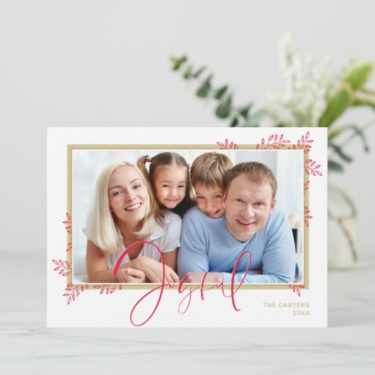 JOYFUL FAMILY FOTO elegant botanisch rood goud Feestdagenkaart (Staand voorkant)