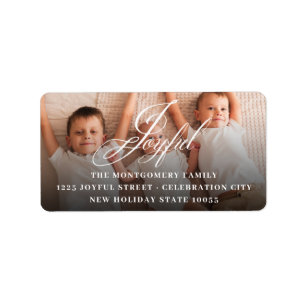 Joyful Fancy Script Holiday Photo Return Address Etiket