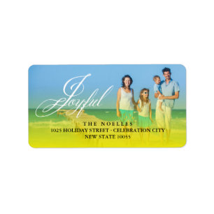 Joyful Fancy Script Holiday Photo Return Address Etiket