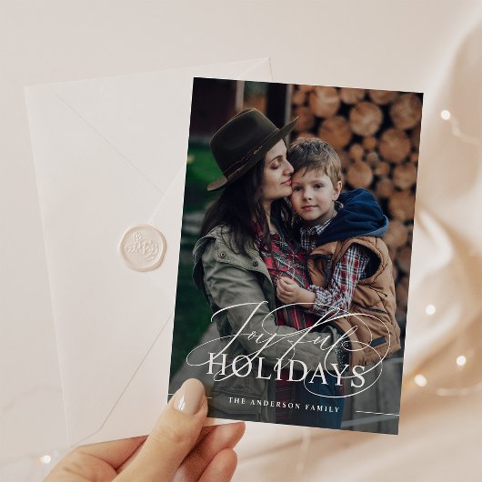 Joyful Feestdagen | Elegant Script Photo Merlot Re Feestdagenkaart