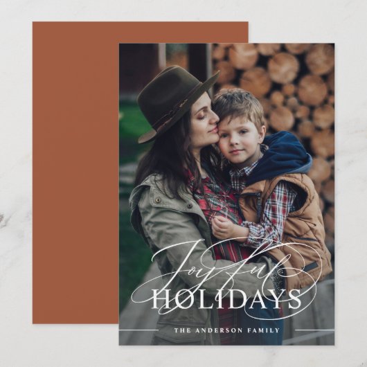 Joyful Feestdagen | Elegant Script Photo Terracott Feestdagenkaart (Voorkant / Achterkant)