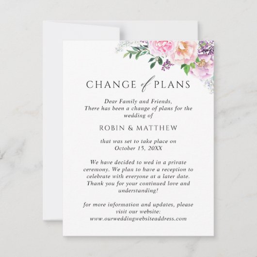Joyful Floral, verandering van plannen bruiloft Aankondiging (Voorkant)