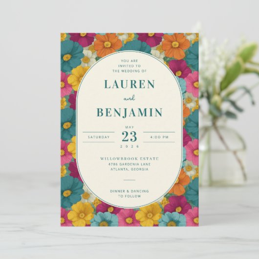 Joyful Floral Wedding Invitation Kaart (Staand voorkant)