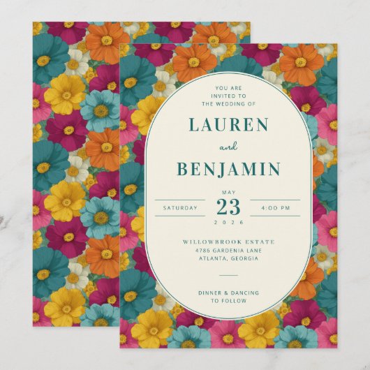 Joyful Floral Wedding Invitation Kaart (Voorkant / Achterkant)