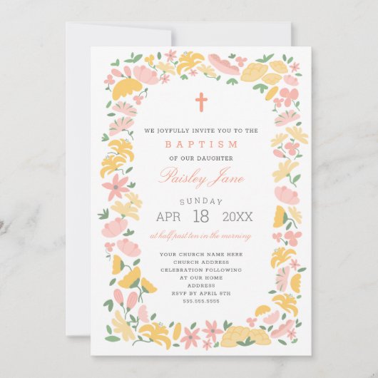 Joyful Floral Wreath girl baptisme uitnodiging (Voorkant)