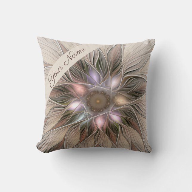 Joyful Flower Abstract Art Beige Brown Floral Name Kussen (Voorkant)